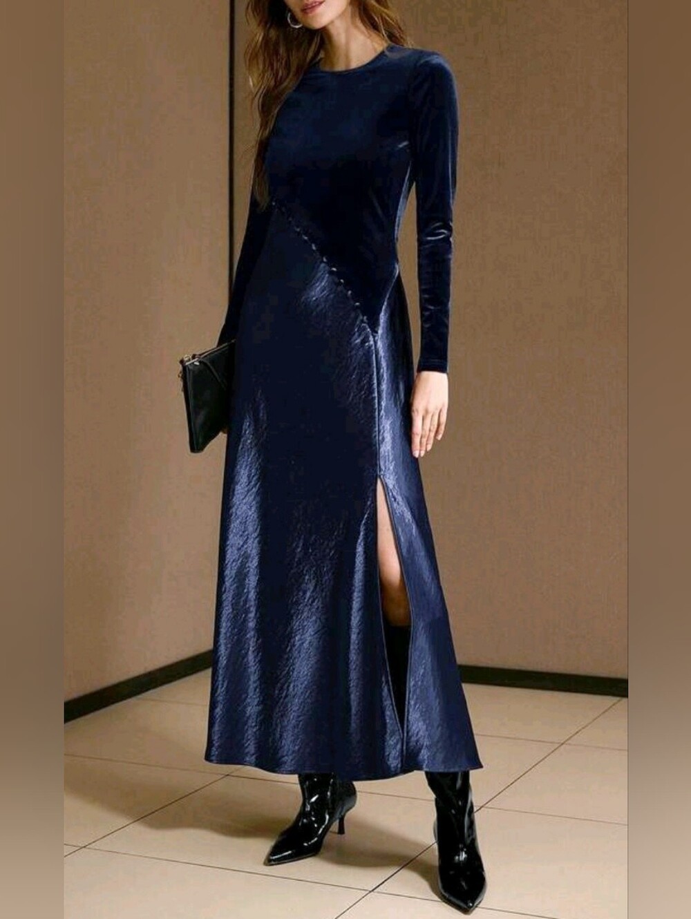 New Velvet Satin Maxi Dress Long Sleeve Button Trim Navy Blue